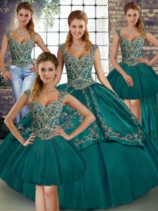 Most Popular Sleeveless Floor Length Beading and Embroidery Lace Up Quinceanera Gown with Teal