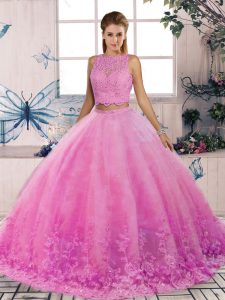 Rose Pink Tulle Backless Quinceanera Gowns Sleeveless Sweep Train Lace
