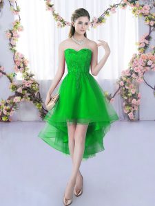 Nice High Low Green Quinceanera Court Dresses Tulle Sleeveless Lace