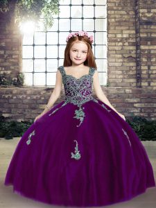 Purple Ball Gowns Tulle Straps Sleeveless Appliques Floor Length Lace Up Little Girl Pageant Gowns