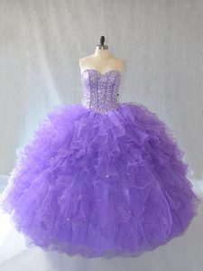 Decent Sweetheart Sleeveless Sweet 16 Dresses Floor Length Beading and Ruffles and Sequins Lavender Tulle