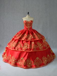 Edgy Red Halter Top Lace Up Embroidery and Ruffled Layers Quinceanera Dress Sleeveless