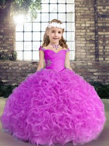 Glorious Lilac Ball Gowns Straps Sleeveless Fabric With Rolling Flowers Floor Length Lace Up Beading and Ruching Little Girls Pageant Dress Wholesale