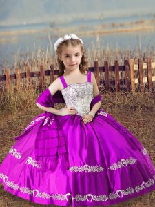 Fuchsia Sleeveless Floor Length Beading and Embroidery Lace Up Little Girls Pageant Dress Wholesale