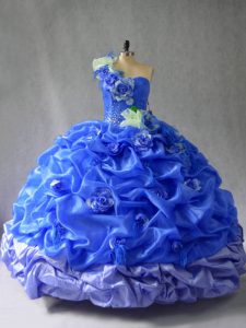 Traditional Floor Length Lace Up Sweet 16 Dresses Blue for Sweet 16 and Quinceanera with Pick Ups and Hand Made Flower