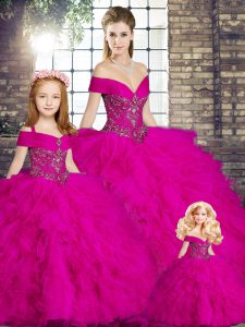 Tulle Off The Shoulder Sleeveless Lace Up Beading and Ruffles Quinceanera Gown in Fuchsia