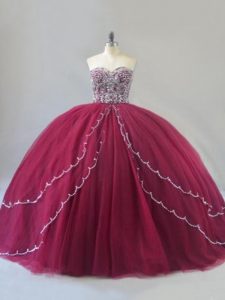 Sweet Burgundy Quince Ball Gowns Tulle Brush Train Sleeveless Beading