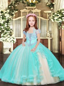 Aqua Blue Lace Up Little Girls Pageant Gowns Beading Sleeveless Floor Length