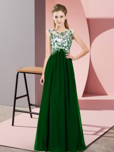 Dark Green Empire Scoop Sleeveless Chiffon Floor Length Zipper Beading and Appliques Dama Dress