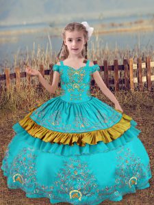 Fantastic Sleeveless Satin Floor Length Lace Up Kids Pageant Dress in Aqua Blue with Beading and Embroidery