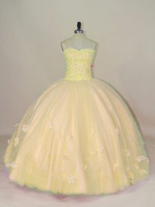 Simple Yellow Tulle Lace Up Sweet 16 Quinceanera Dress Sleeveless Floor Length Beading and Hand Made Flower