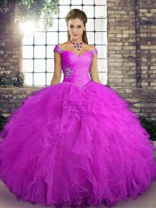 Fuchsia Tulle Lace Up Off The Shoulder Sleeveless Floor Length Quince Ball Gowns Beading and Ruffles