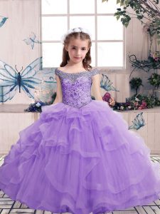 Tulle Sleeveless Floor Length Little Girl Pageant Dress and Beading and Ruffles