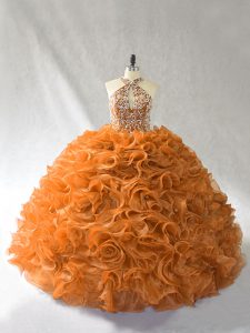 Wonderful Orange and Brown 15 Quinceanera Dress Sweet 16 and Quinceanera with Beading and Ruffles Halter Top Sleeveless Brush Train Lace Up