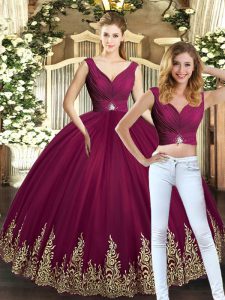 Burgundy Sleeveless Floor Length Beading and Appliques Backless Quinceanera Gown