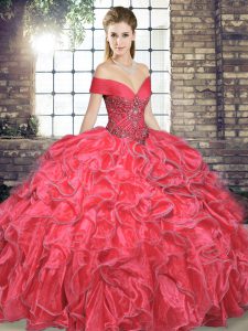 Vintage Floor Length Lace Up Sweet 16 Dress Coral Red for Military Ball and Sweet 16 and Quinceanera with Beading and Ruffles