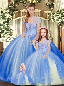 Custom Fit Sleeveless Floor Length Beading and Ruffles Lace Up Sweet 16 Dress with Blue