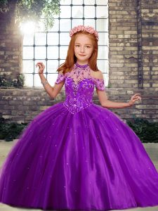 Floor Length Lace Up Little Girl Pageant Gowns Purple for Party and Wedding Party with Beading