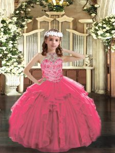 Tulle Halter Top Sleeveless Lace Up Beading and Ruffles Kids Pageant Dress in Hot Pink