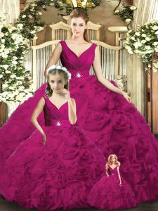 Enchanting Fuchsia Fabric With Rolling Flowers Backless V-neck Sleeveless Floor Length 15 Quinceanera Dress Beading