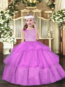 Superior Floor Length Lilac Kids Formal Wear Organza Sleeveless Beading and Ruffled Layers