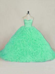 Wonderful Green Sleeveless Fabric With Rolling Flowers Court Train Lace Up Ball Gown Prom Dress for Sweet 16 and Quinceanera