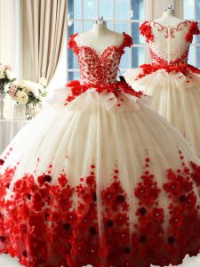 Fantastic White And Red 15th Birthday Dress Tulle Brush Train Sleeveless Hand Made Flower