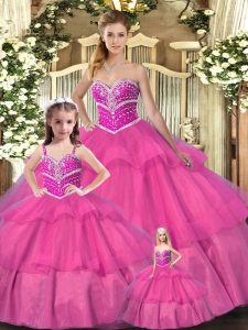 High Quality Hot Pink Sleeveless Organza Lace Up Quince Ball Gowns for Sweet 16 and Quinceanera