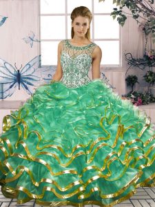 Custom Fit Ball Gowns Quince Ball Gowns Turquoise Scoop Organza Sleeveless Floor Length Lace Up