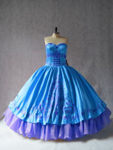 Hot Selling Sweetheart Sleeveless Lace Up Quinceanera Gowns Blue Satin and Organza