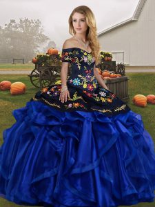 Blue And Black Ball Gowns Embroidery and Ruffles Quinceanera Dress Lace Up Organza Sleeveless Floor Length