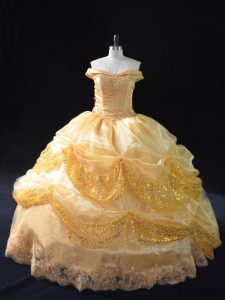 Customized Gold Ball Gowns Off The Shoulder Sleeveless Organza Floor Length Lace Up Beading and Pick Ups 15 Quinceanera Dress