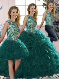 Floor Length Three Pieces Sleeveless Peacock Green 15th Birthday Dress Lace Up