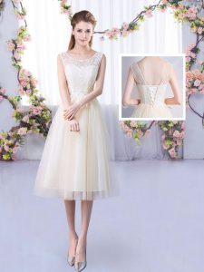 Champagne Empire Scoop Sleeveless Tulle Tea Length Lace Up Lace Dama Dress for Quinceanera
