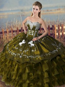 Sweetheart Sleeveless Lace Up Quinceanera Dress Olive Green Organza