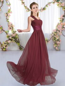 Sleeveless Floor Length Ruching Lace Up Dama Dress with Burgundy