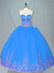 Sexy Blue Ball Gowns Beading and Embroidery Ball Gown Prom Dress Lace Up Tulle Sleeveless Floor Length