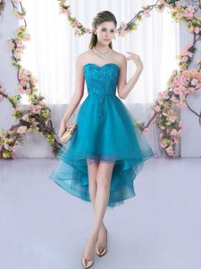 Glorious Sleeveless Lace Up High Low Lace Dama Dress for Quinceanera