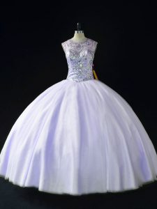 Scoop Sleeveless Tulle Quinceanera Gown Beading Lace Up