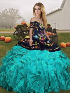 Blue And White Organza Lace Up Off The Shoulder Sleeveless Floor Length Quinceanera Dress Embroidery and Ruffles