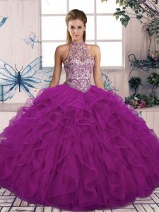 Stunning Purple Ball Gowns Beading and Ruffles 15th Birthday Dress Lace Up Tulle Sleeveless Floor Length
