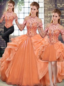 Orange Three Pieces Beading and Ruffles Ball Gown Prom Dress Lace Up Organza Sleeveless Floor Length