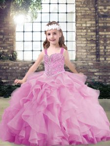 Custom Made Lilac Ball Gowns Beading and Ruffles Little Girls Pageant Dress Wholesale Lace Up Tulle Sleeveless Floor Length