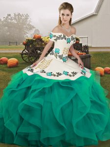 Cute Turquoise Quinceanera Gown Military Ball and Sweet 16 and Quinceanera with Embroidery and Ruffles Off The Shoulder Sleeveless Lace Up