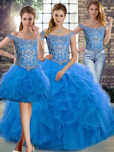 Blue Sleeveless Beading and Ruffles Lace Up Ball Gown Prom Dress
