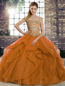 Elegant Orange Sleeveless Brush Train Beading and Ruffles 15 Quinceanera Dress