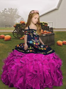Floor Length Lace Up Little Girls Pageant Dress Fuchsia for Party and Wedding Party with Embroidery and Ruffles