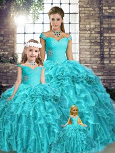 Modern Aqua Blue Organza Lace Up Off The Shoulder Sleeveless Ball Gown Prom Dress Brush Train Beading and Ruffles