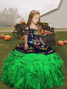 Ball Gowns Organza Straps Sleeveless Embroidery and Ruffles Floor Length Lace Up Kids Formal Wear
