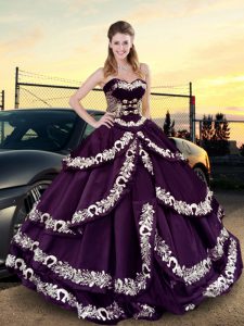 Customized Purple Lace Up Sweetheart Embroidery and Ruffled Layers Ball Gown Prom Dress Satin and Silk Like Satin Sleeveless